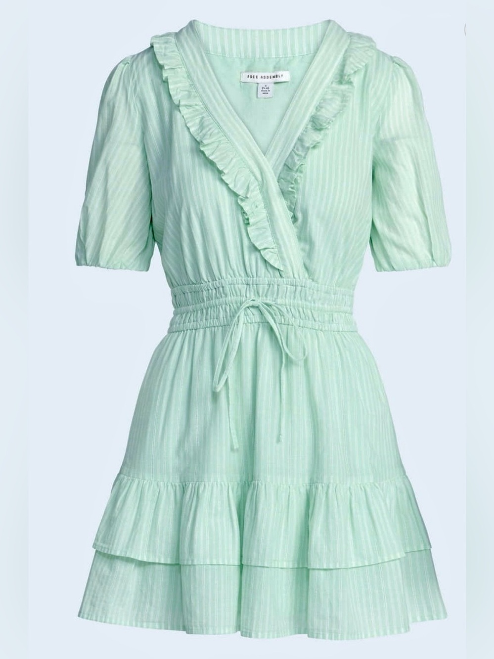 Free Assembly Tiered Ruffle Mini Dress Green Stripe XL 16-18 Puff Sleeve
